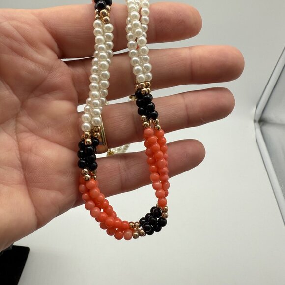 Vintage Multi-Strand Coral Onyx & Faux Pearl Beaded Necklace With Gold-Plated St - Picture 6 of 7